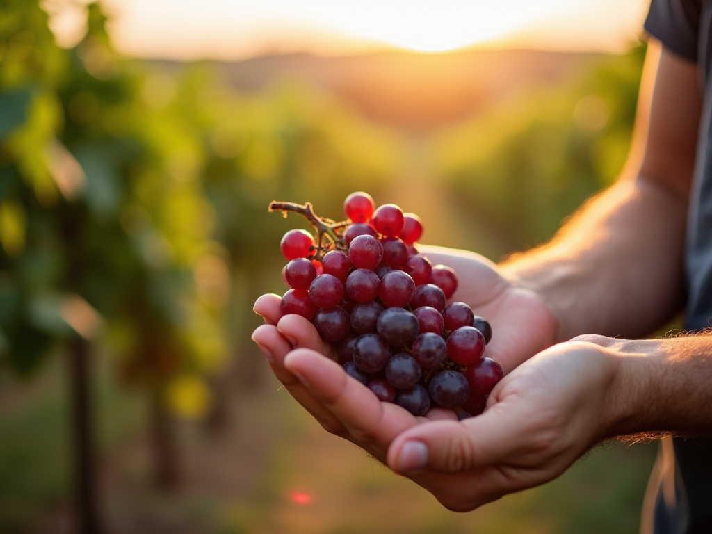 A winemaker holding organic grapes from a sustainable vineyard.