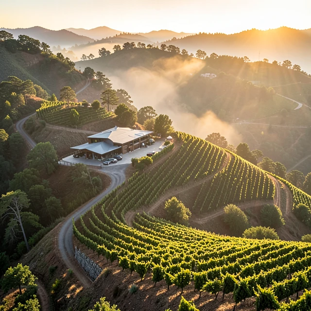 Aerial view of Stonestreet Mountain Estate vineyards at sunrise