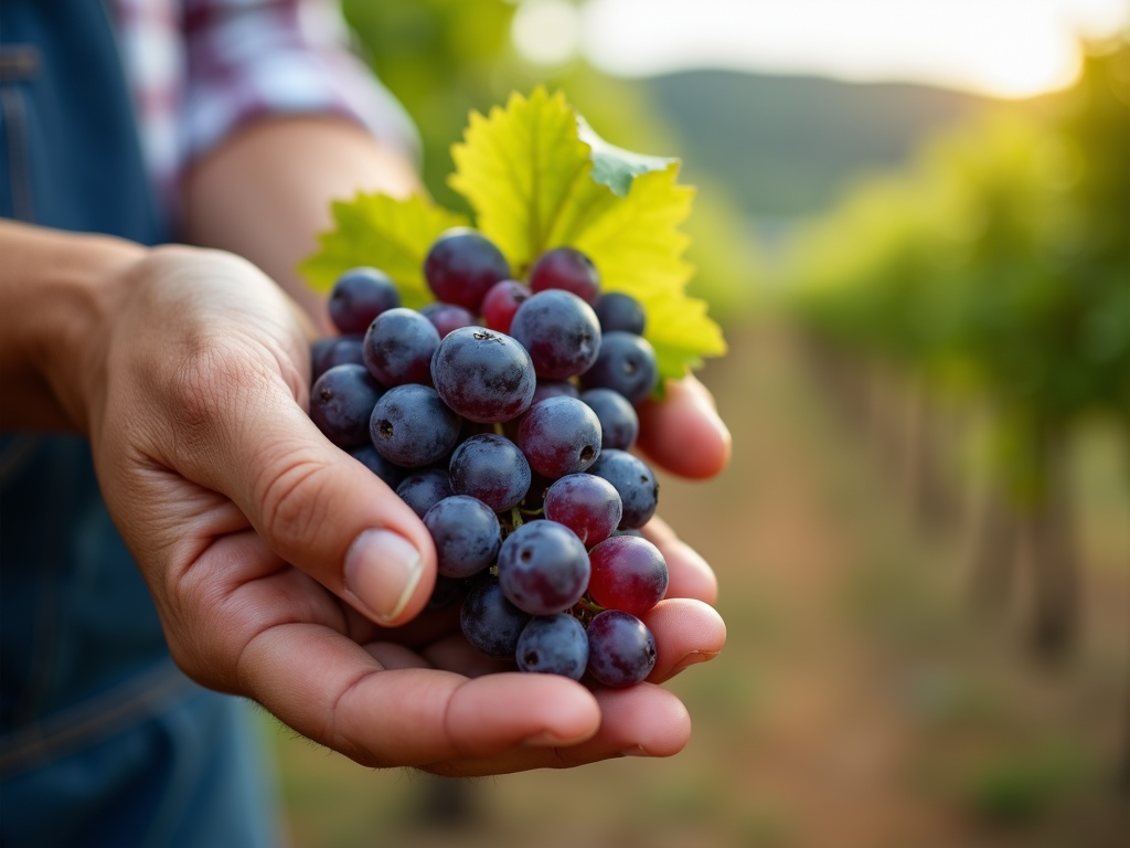Vintner's hands holding organic grapes