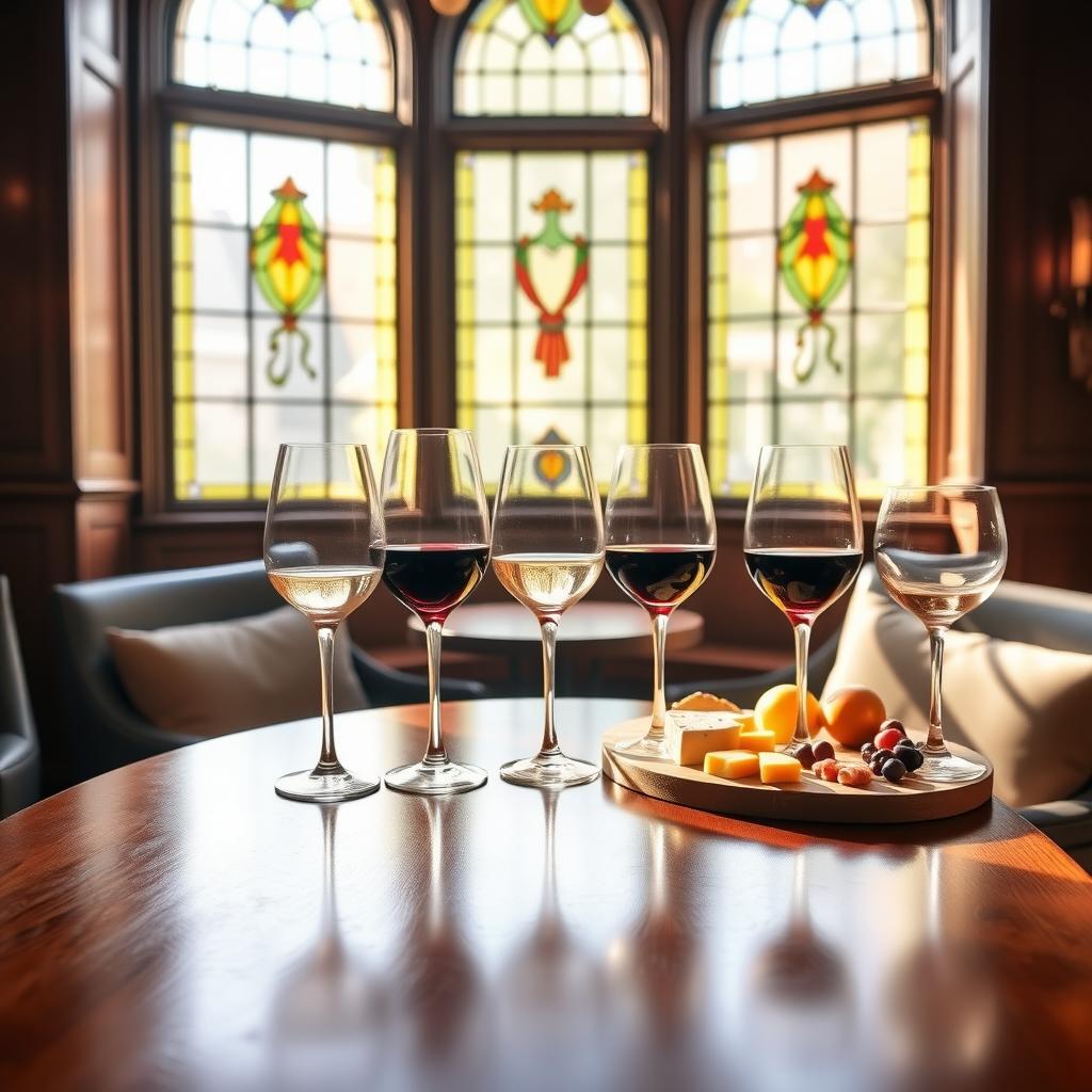 A tasting room in Beringer’s Rhine House with wine glasses, a charcuterie board, and sunlight filtering through stained-glass windows.