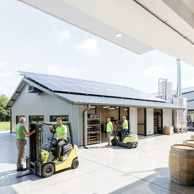 Eco-friendly winery interior featuring renewable energy and modern sustainable equipment
