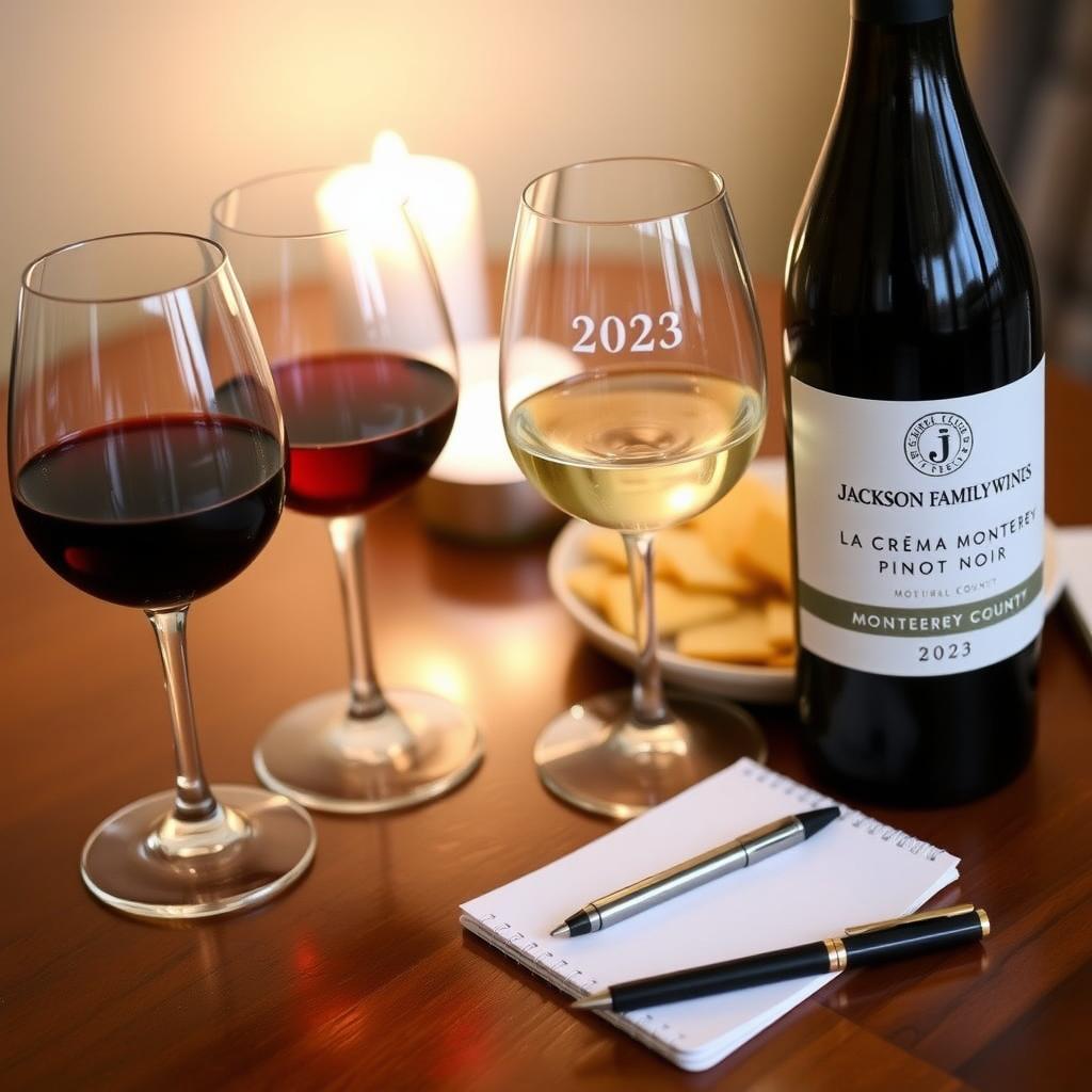 Wine tasting setup with Jackson Family Wines Pinot Noir bottle, glasses, and cheese.