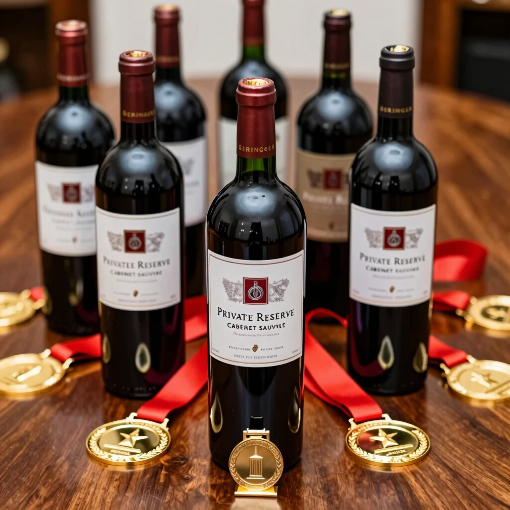 Bottles of Beringer Private Reserve Cabernet Sauvignon with award medals