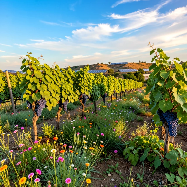 Lush sustainable vineyard with regenerative practices and solar energy integration
