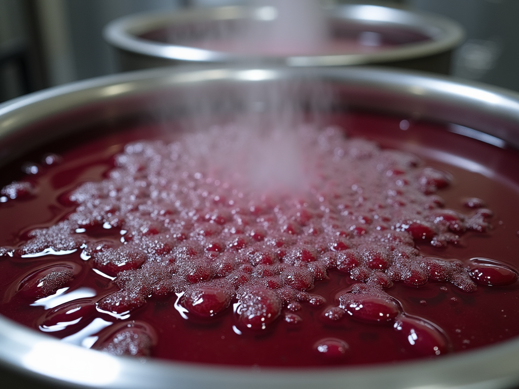 Large fermentation tanks filled with grape juice, bubbling during fermentation at Beringer Winery.