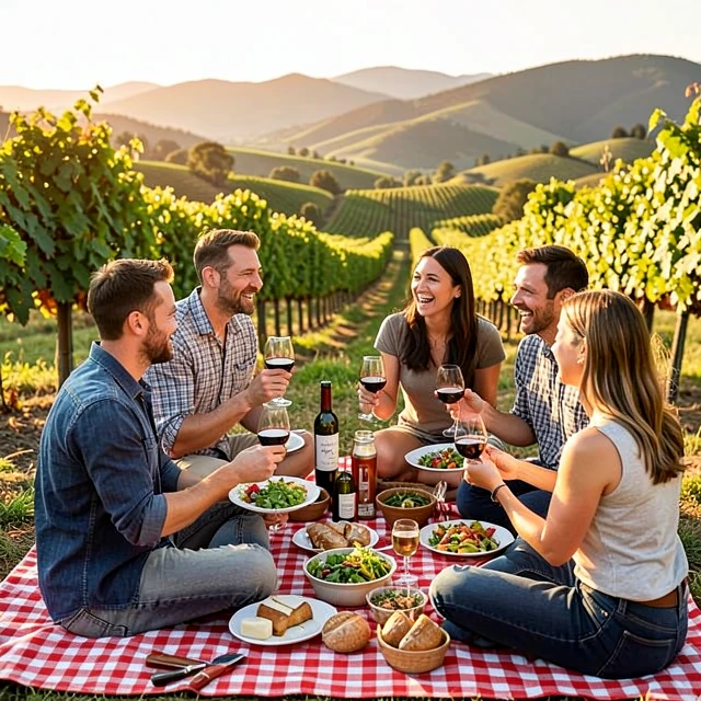 Friends enjoying a vineyard picnic with wine and food in Napa Valley
