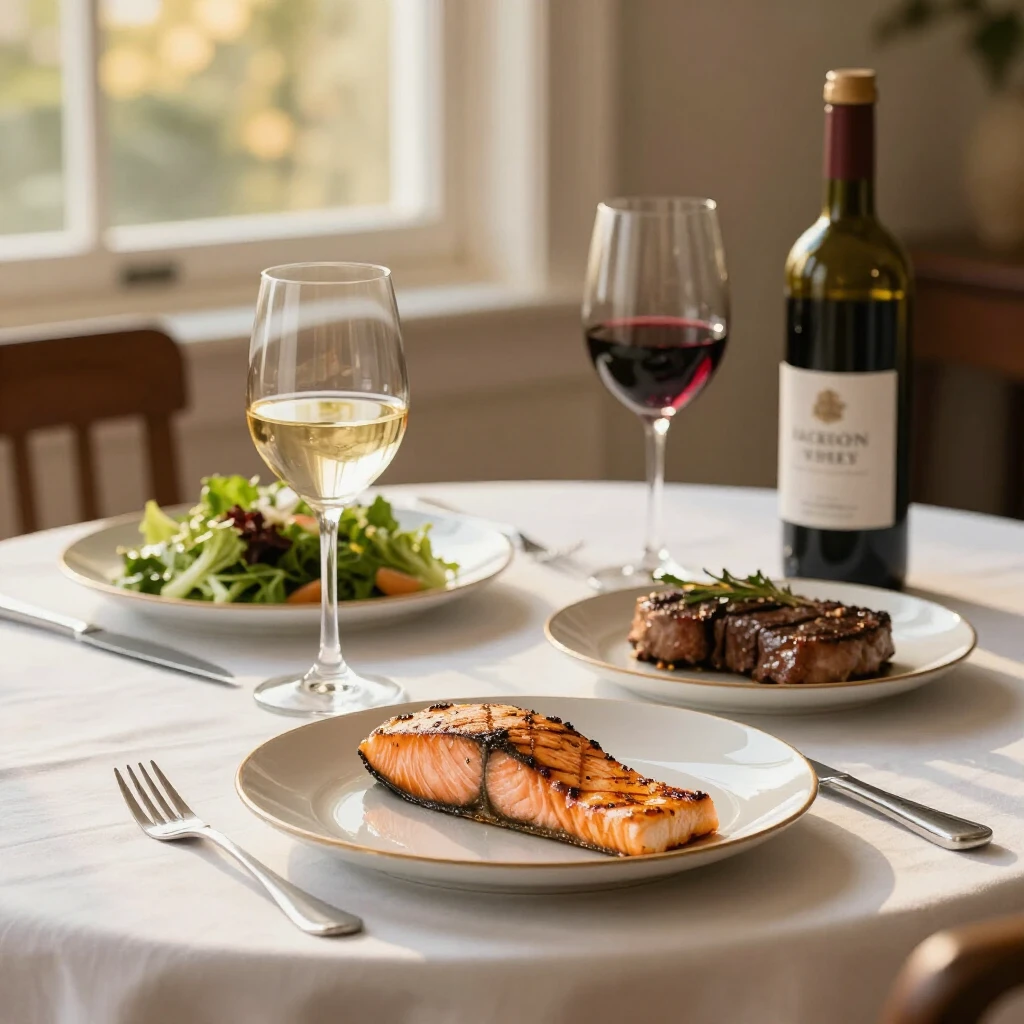 Elegant dinner table showing proper food and wine pairing with different glass shapes