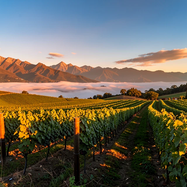 Sunset over Napa Valley vineyards with rolling hills and mountains