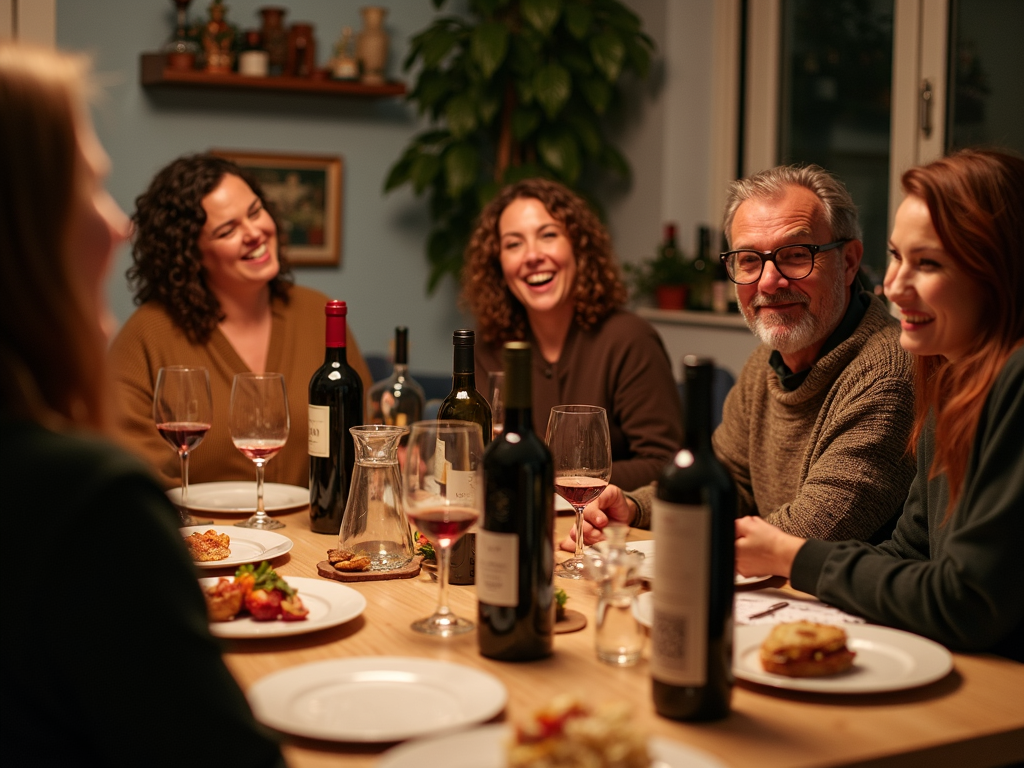 Friends enjoying a wine tasting party at home with bottles and snacks.