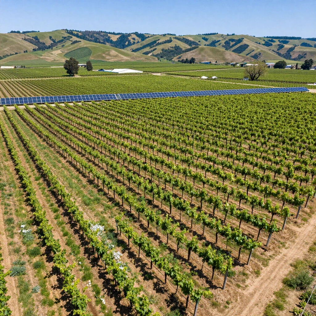 Aerial view of sustainable vineyards in Napa Valley showcasing cover crops and solar panels