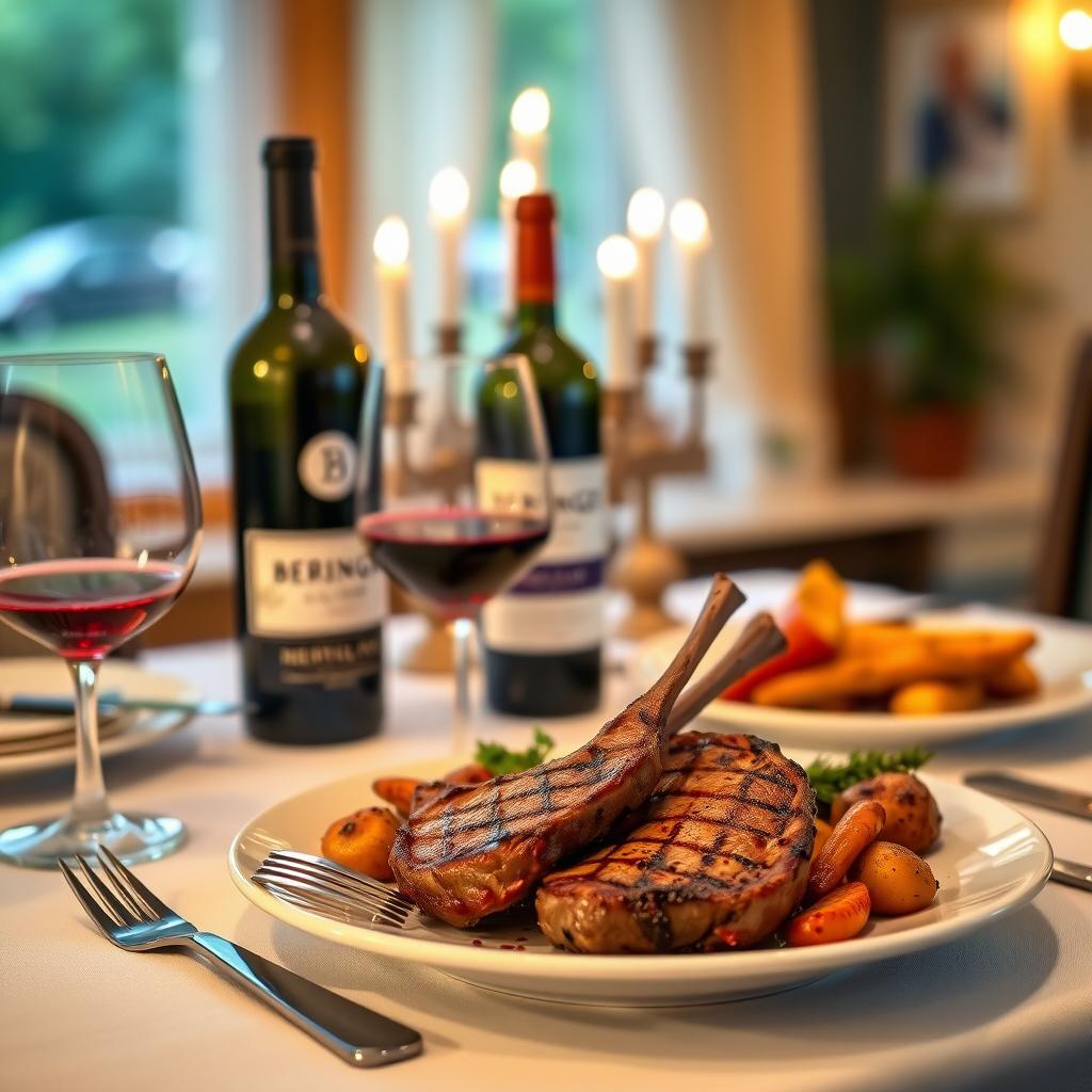 Dining table with grilled lamb chops, vegetables, and a bottle of Beringer Merlot