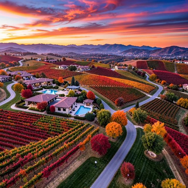 Aerial view of contemporary Napa Valley vineyards and wineries at sunset