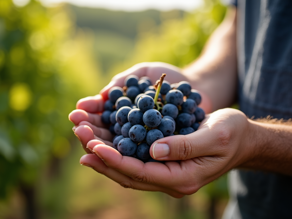 Vintner's hands holding organic grapes