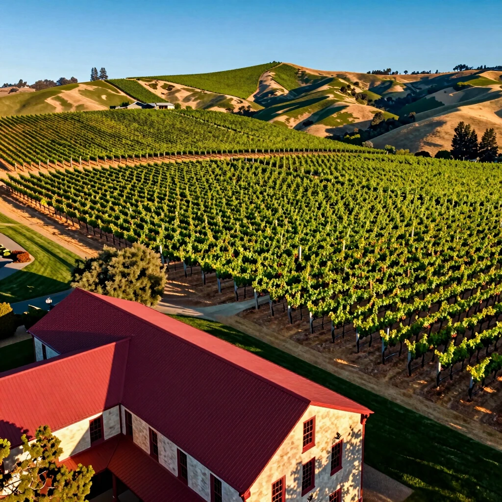 Aerial view of beautiful Sonoma County vineyards surrounding a winery estate