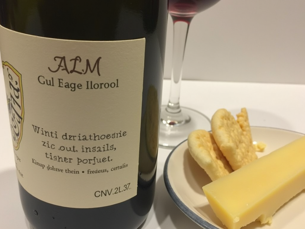 Wine bottle label displaying alcohol content and volume, with a glass of wine and food pairing.