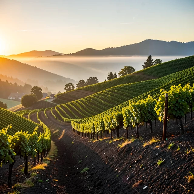 Willamette Valley Pinot Noir vineyard at sunset