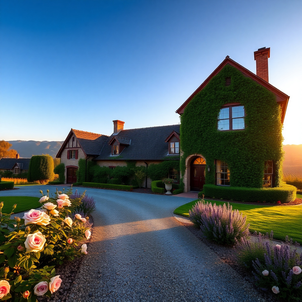 The iconic Rhine House at Beringer Vineyards bathed in golden light