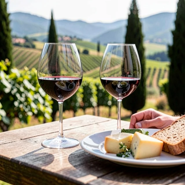 Wine tasting experience at a Tuscan vineyard with red wine glasses and local food