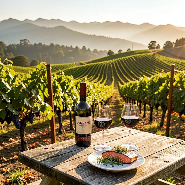Willamette Valley vineyard with Oregon Pinot Noir wine and fresh salmon pairing setup