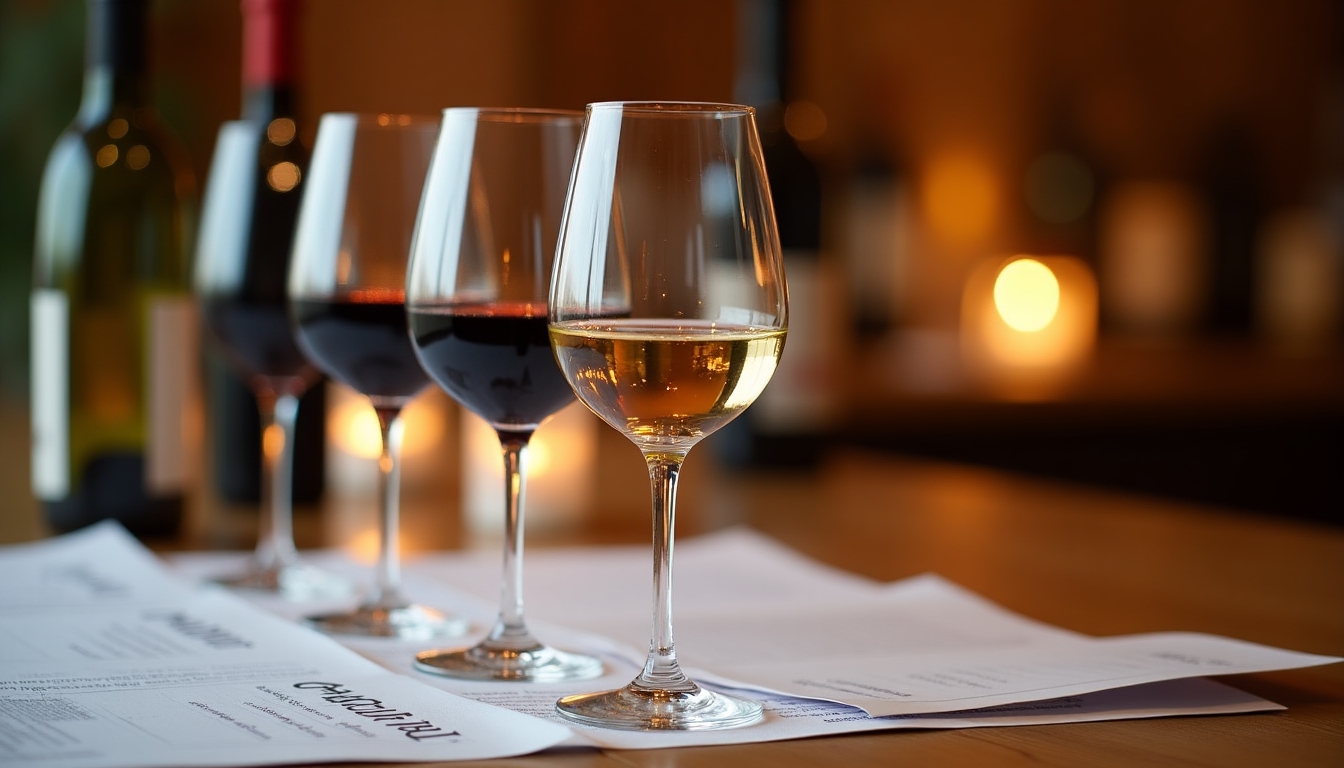 A candle-lit wine tasting session with glasses of red and white wines on a polished wooden table, surrounded by notes and tasting sheets.