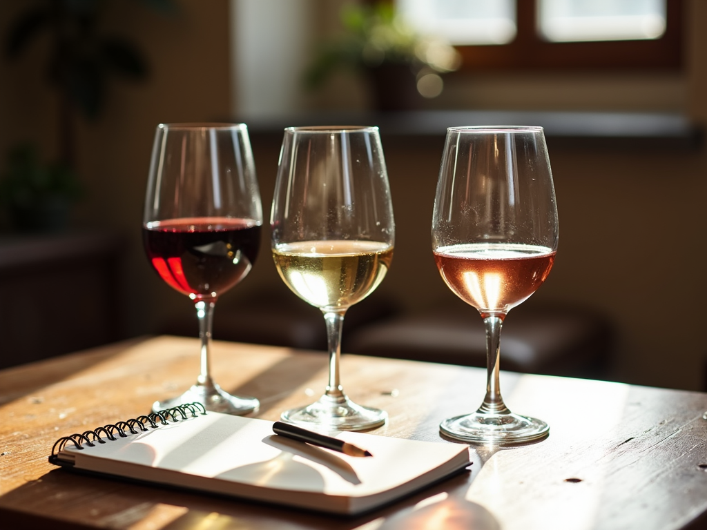 Beginner’s wine tasting setup with glasses and notebook