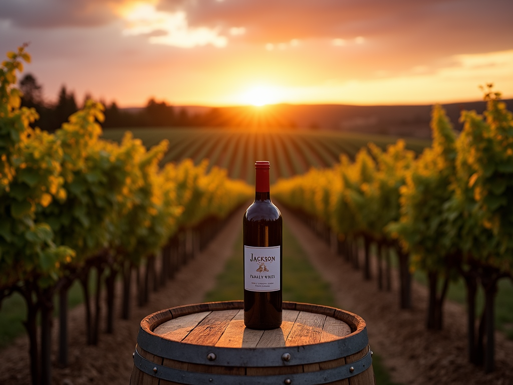Jackson Family Wines special edition bottle in a vineyard at sunset