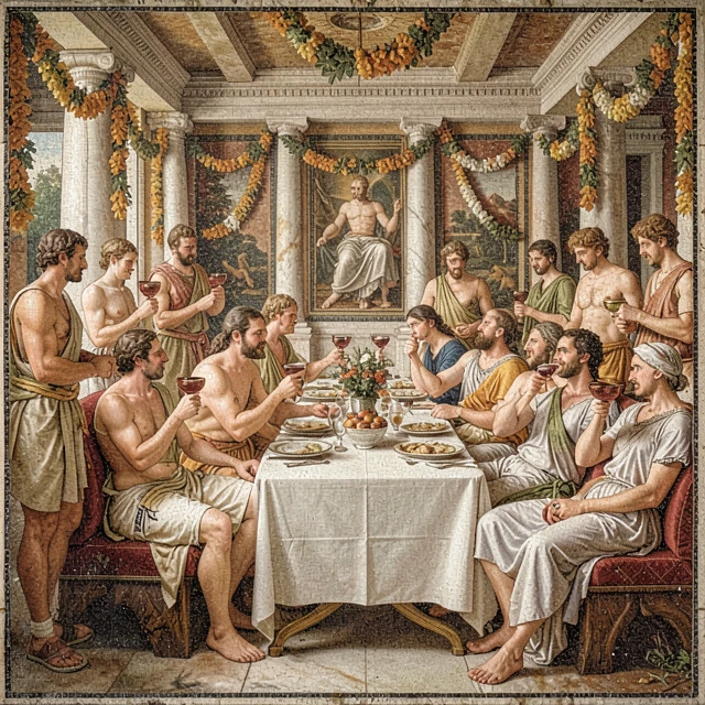 Ancient Roman banquet with people enjoying wine
