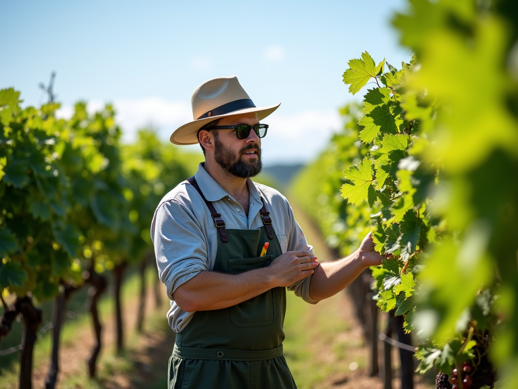 Winemaker inspecting vines at Beringer Vineyards