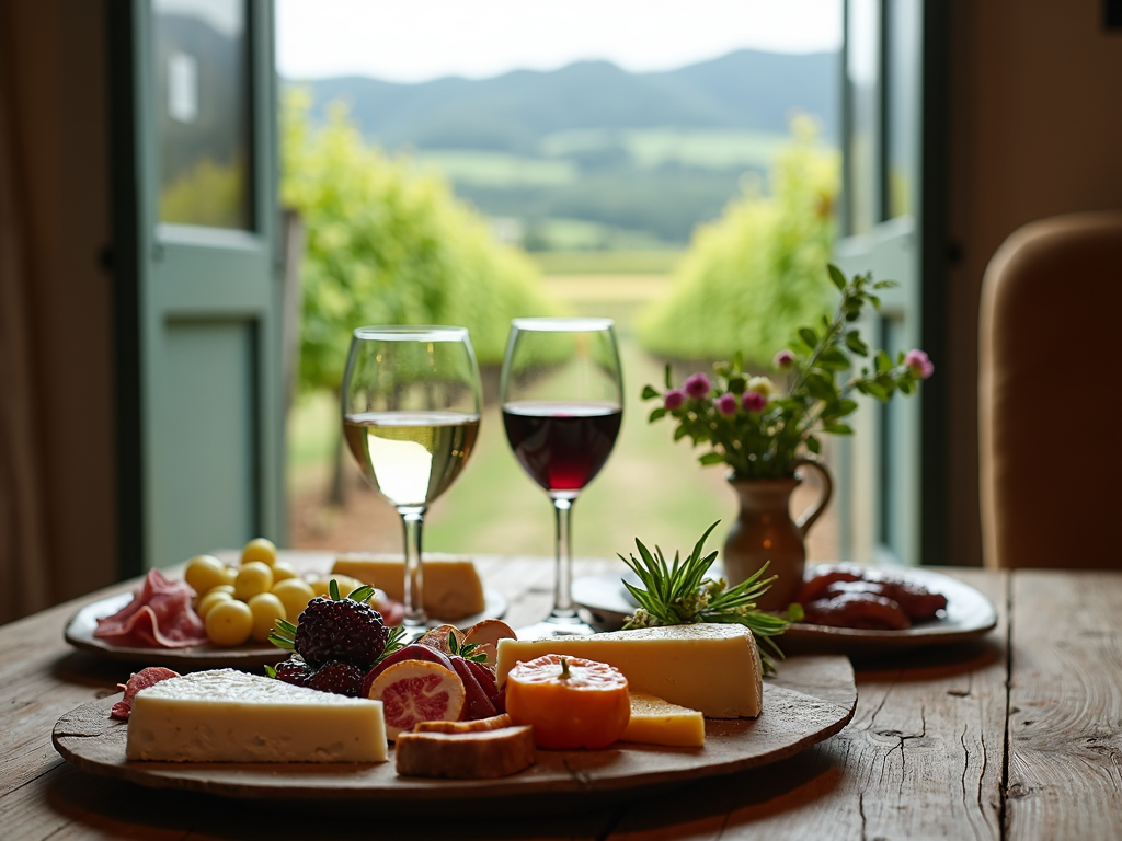 Table setting with wine, cheese, and charcuterie overlooking a vineyard