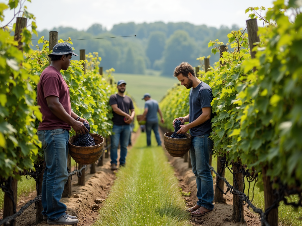Workers harvesting grapes in a sustainable vineyard, illustrating eco-friendly farming.