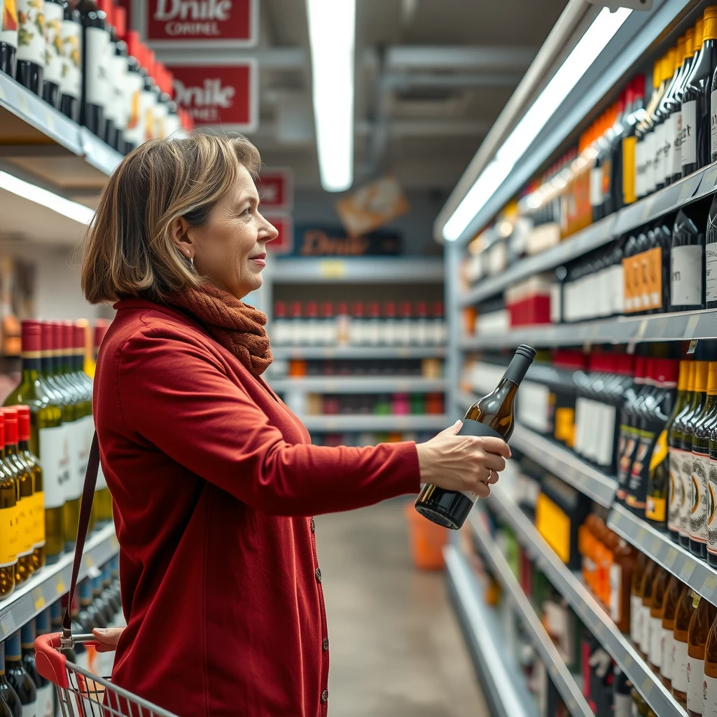 Person shopping for wine in a supermarket aisle