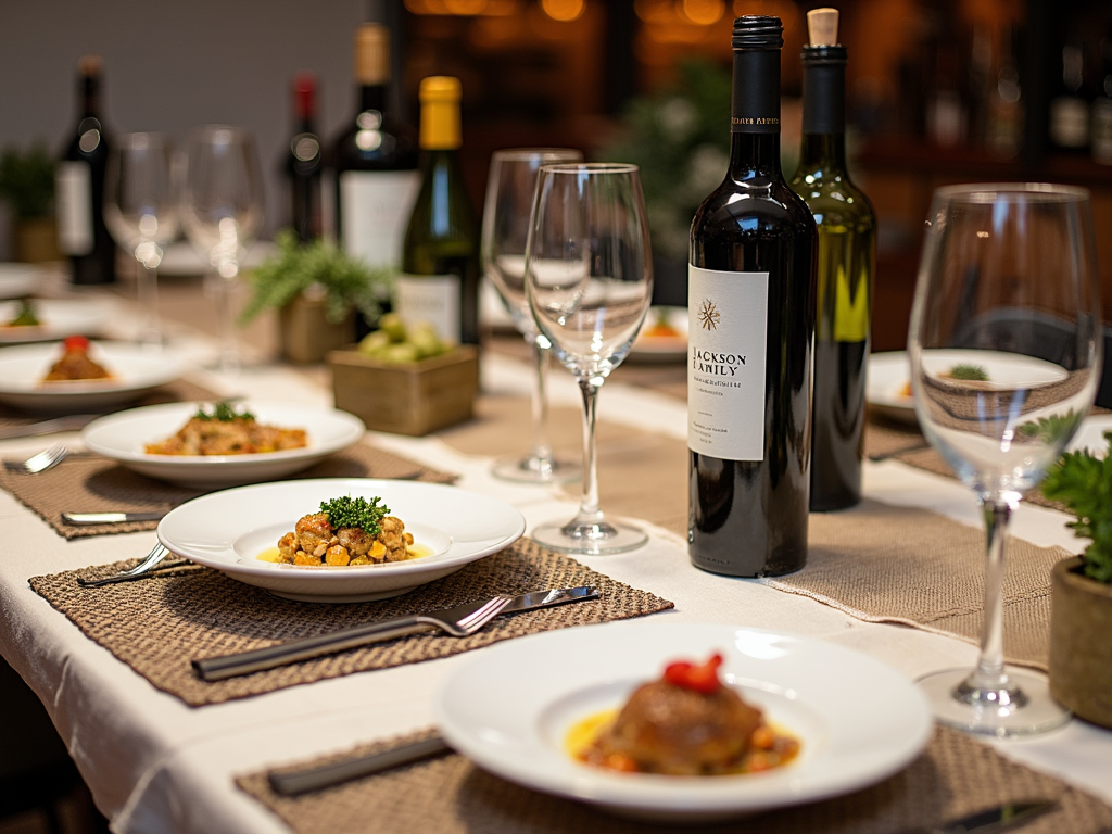 A dining table showcasing various dishes paired with different Jackson Family Wines.