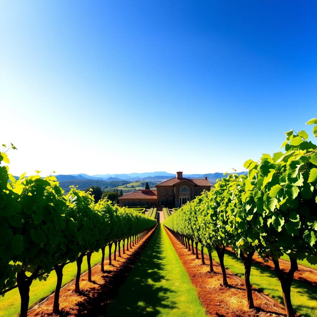 Sunlit Napa Valley vineyard with a Tuscan-style winery building and rolling hills
