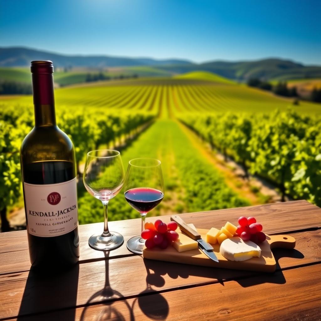 Sunlit Sonoma County vineyard with a wooden table displaying a bottle of Kendall-Jackson wine, two glasses, and a charcuterie board.