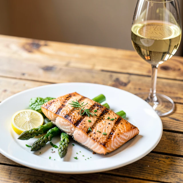 Grilled salmon paired with white wine and fresh vegetables
