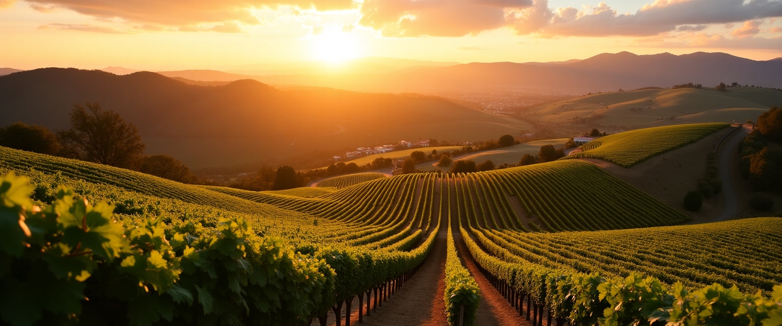 Scenic Napa Valley vineyards at sunset.