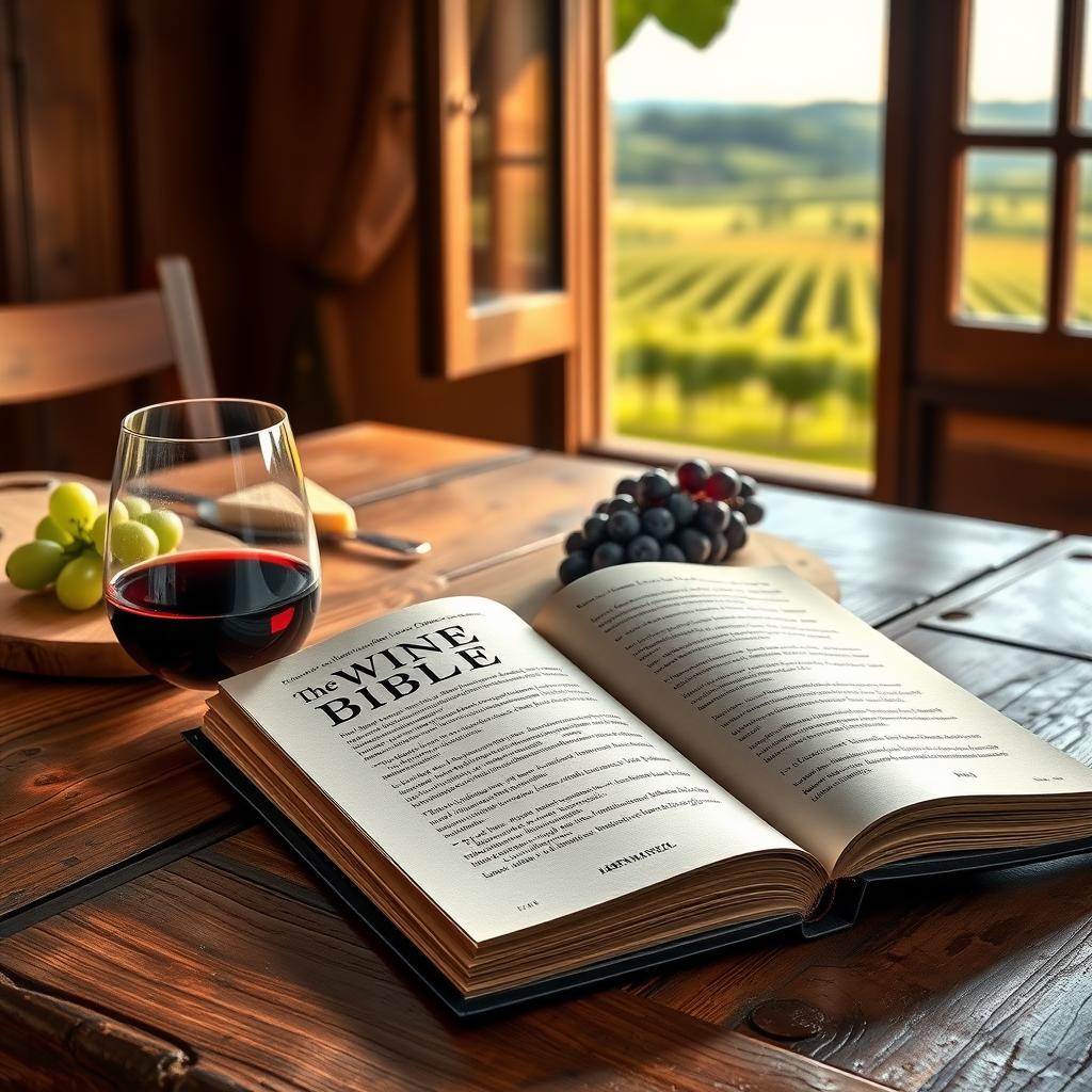 Open copy of The Wine Bible on a wooden table with a glass of red wine, cheese board, and vineyard view in the background.