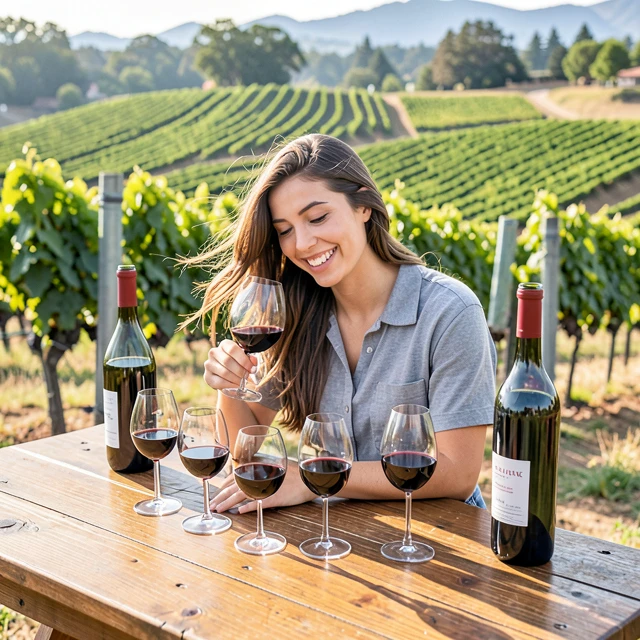 Beginner learning wine tasting at a California winery