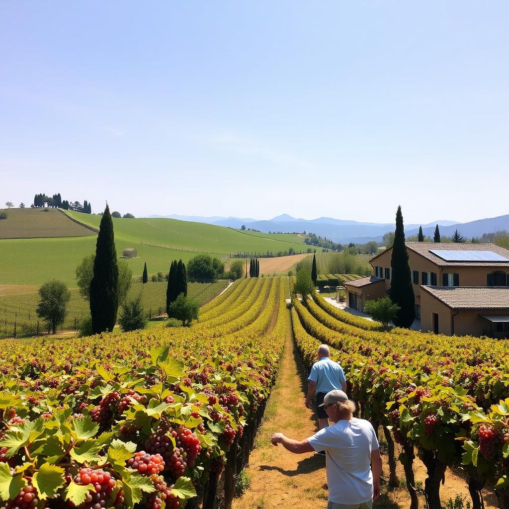 Workers harvesting grapes in a sustainable Tuscan vineyard with hills and a winery in the background.