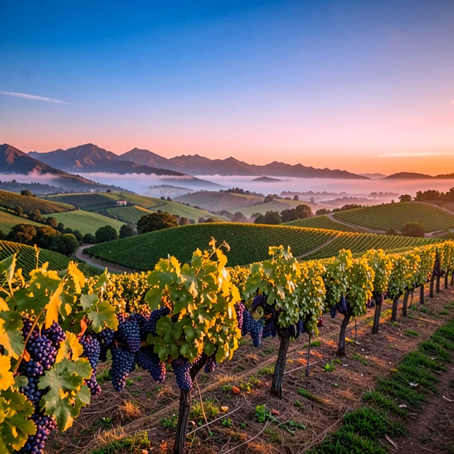 Sunset over Napa Valley vineyards with rolling hills and mountains