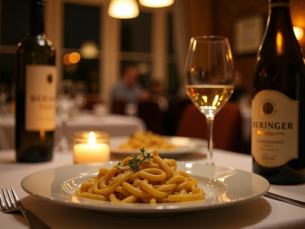 A delicious meal of creamy pasta paired with a glass of Beringer Chardonnay, showcasing a perfect wine and food pairing.