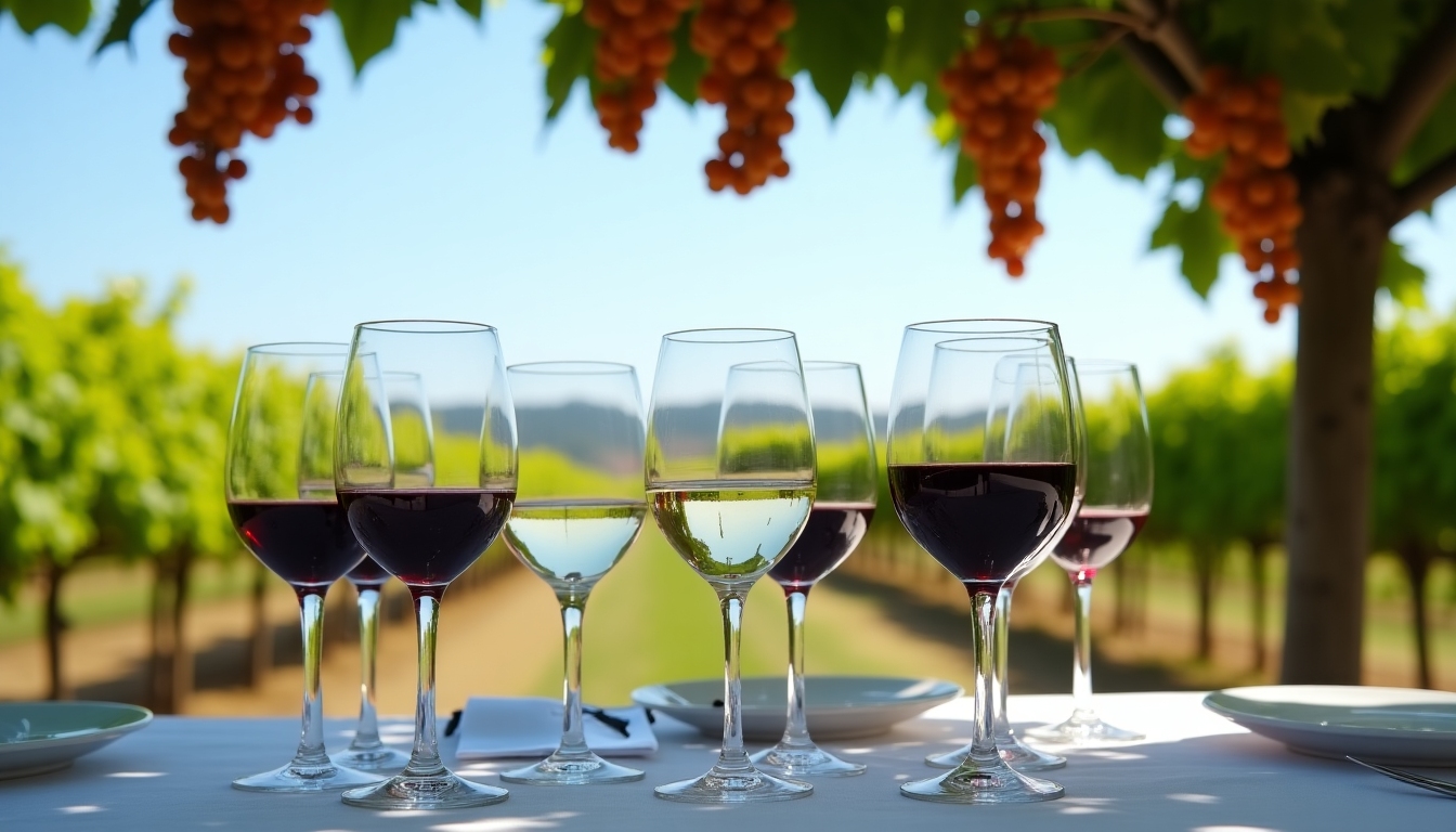 A luxurious wine tasting setup with multiple glasses of red and white wine in front of a vineyard view.