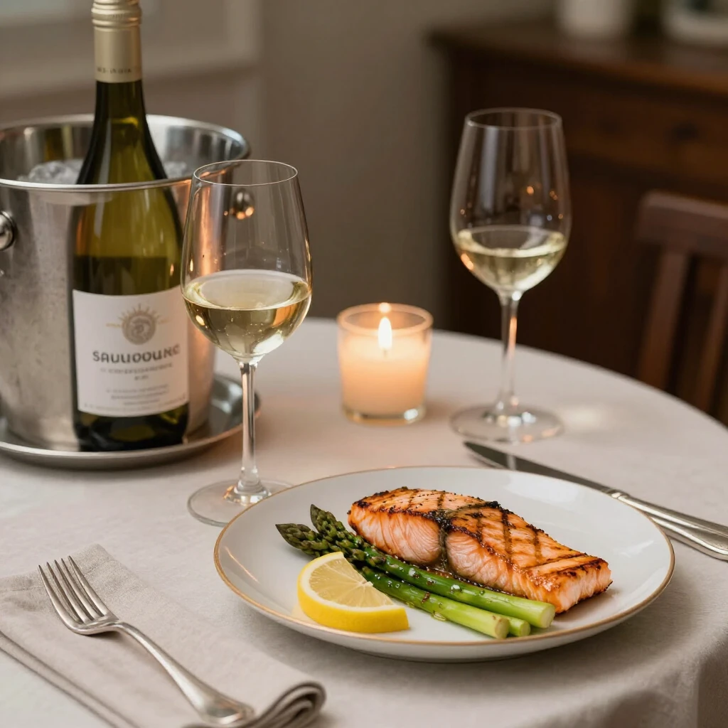 Paired salmon dish and white wine on dining table