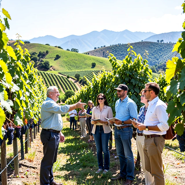 Guided vineyard tour at Beringer Winery showing vines and visitors learning about grapes