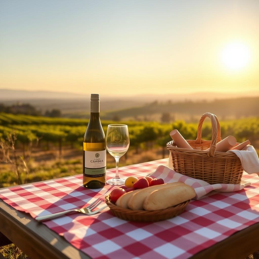 Outdoor picnic table with Cambria Chardonnay and food, overlooking Santa Maria Valley vineyards.