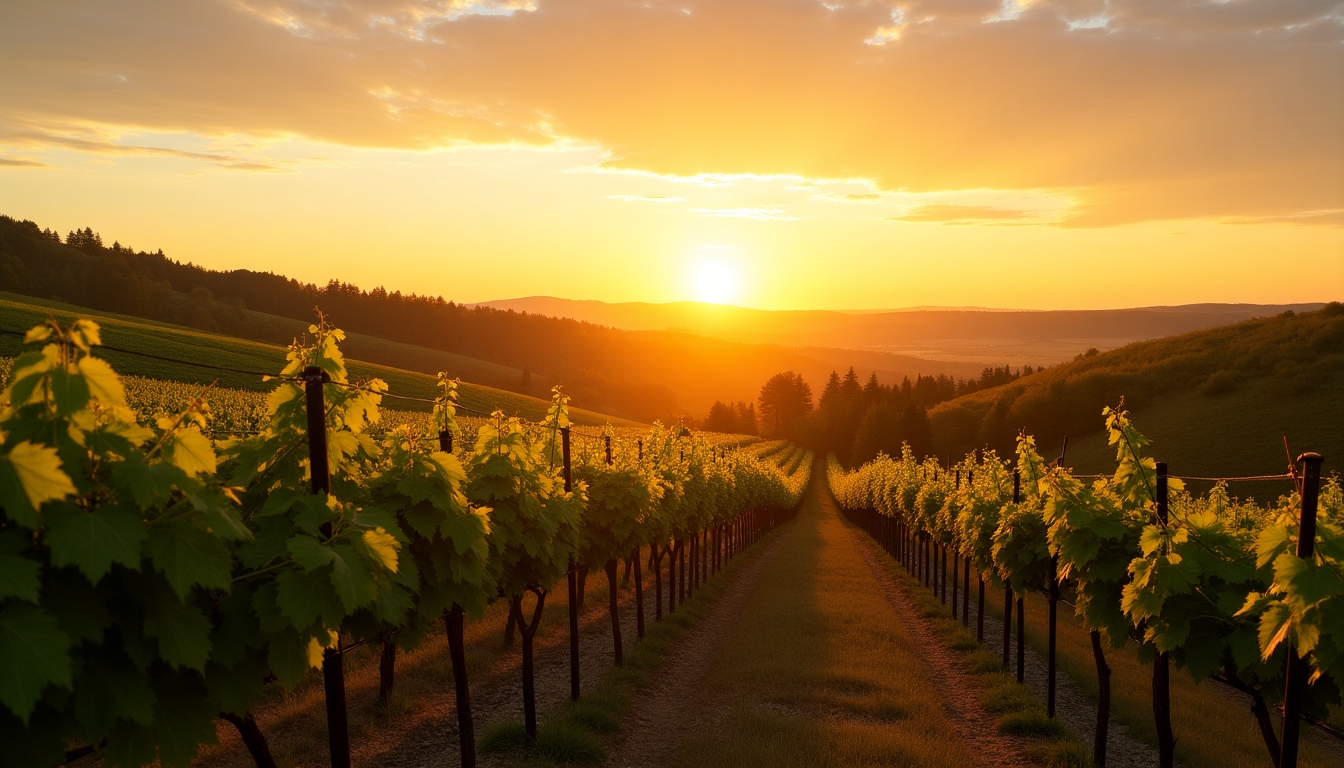 Vineyard at sunset with golden light