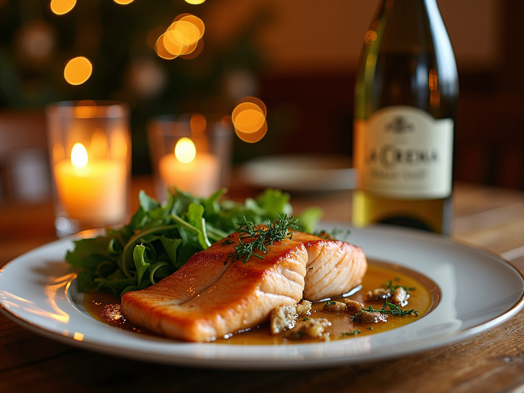 A warm dinner scene with La Crema Sonoma Coast Chardonnay alongside grilled salmon, highlighting a perfect food and wine pairing.