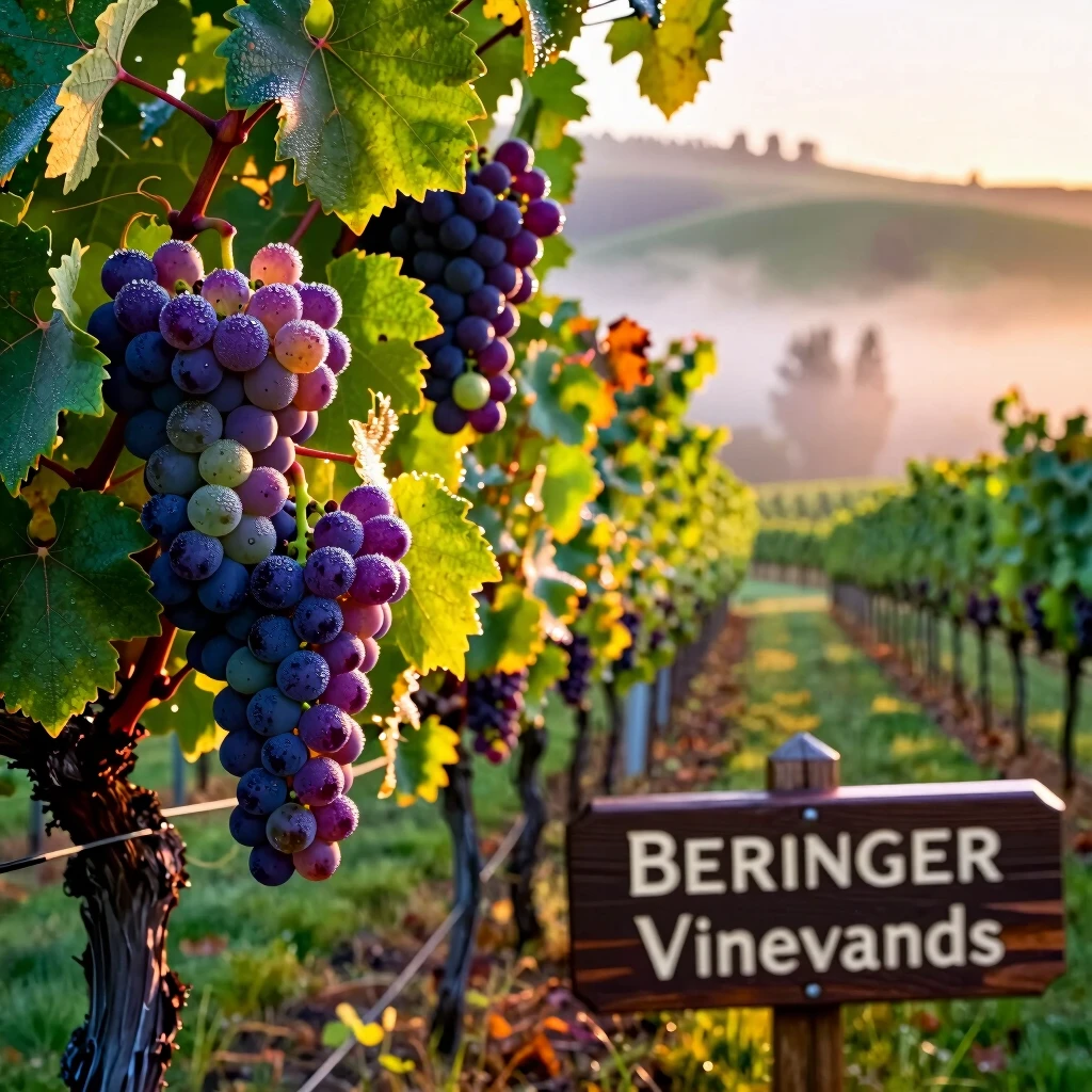 Sunrise over Beringer Vineyards, showcasing ripe grapes ready for harvest