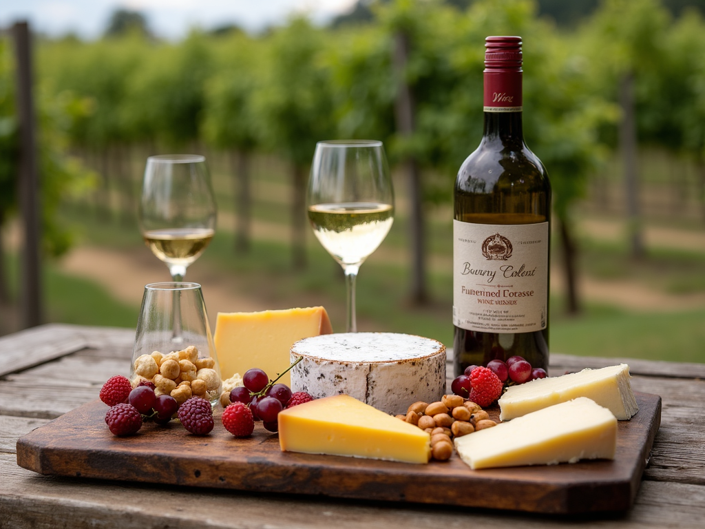 Sustainable wine and cheese pairing on a rustic table with vineyard view.