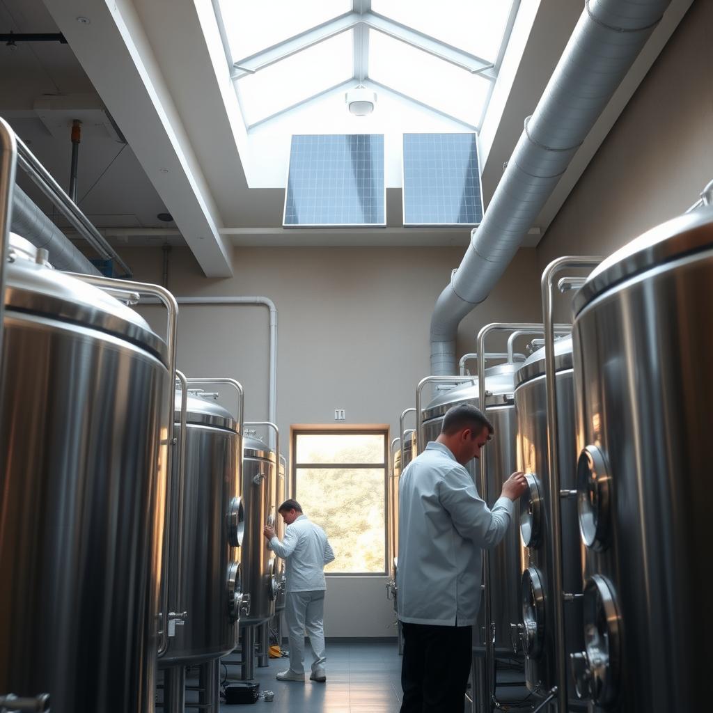 Inside a sustainable winery with stainless steel tanks, solar panels visible, and workers monitoring the fermentation process.